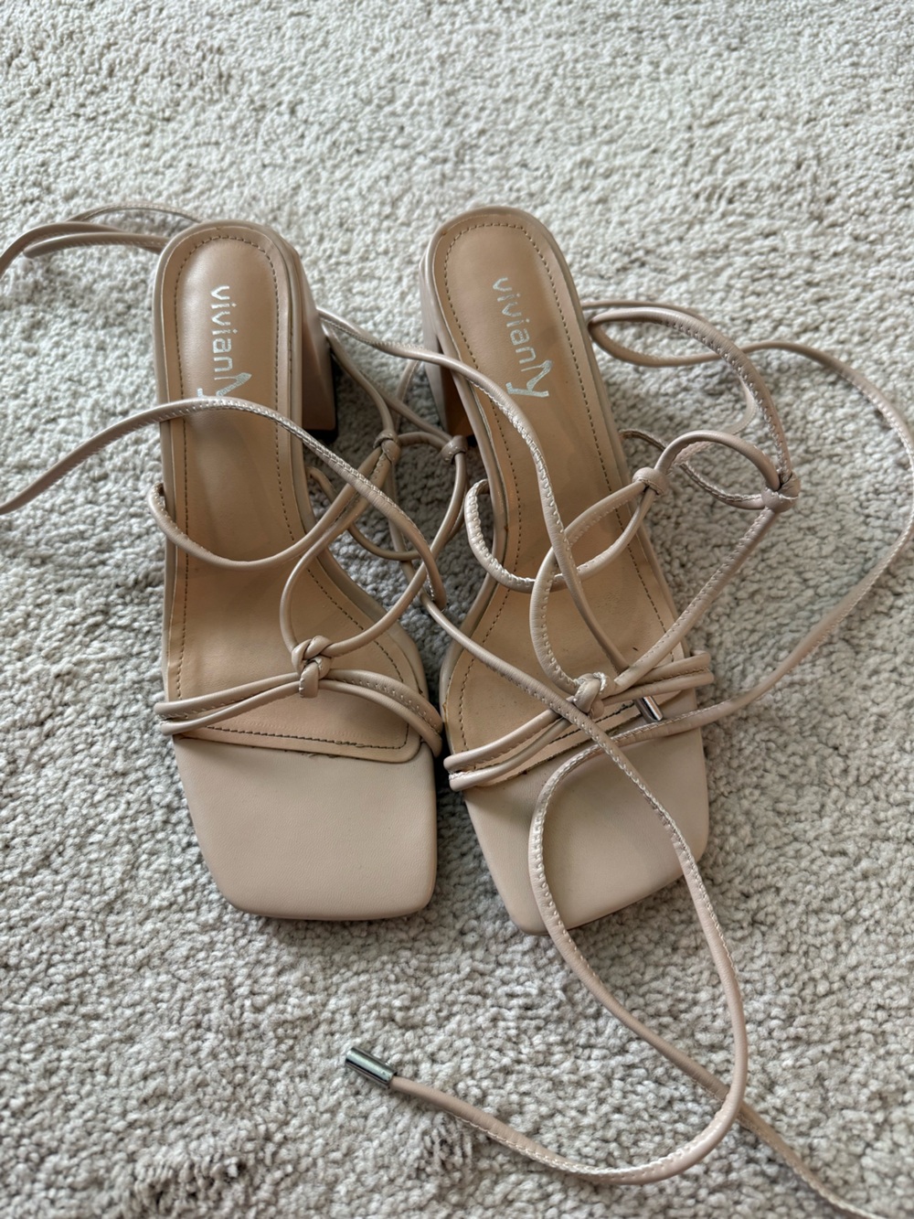 Vivianly Lace-Up Square Toe Strappy Heels in Nude Beige